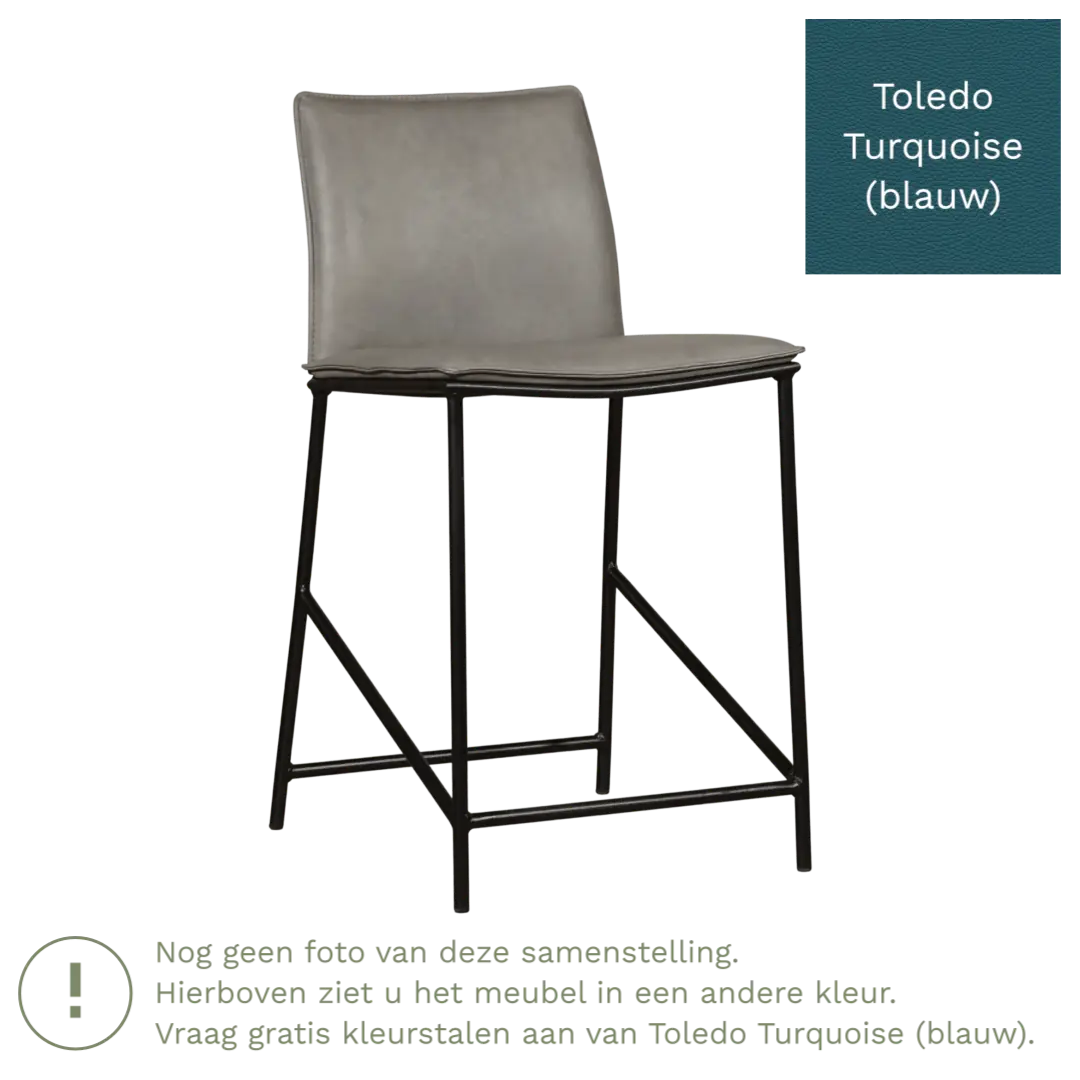 afbeelding van Leren barkruk laag Favor - Toledo Turquoise (blauw) - poten staal rond zwart